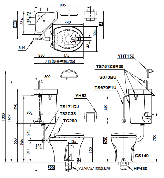 TOTO 隅付形便器_トイレ_図面