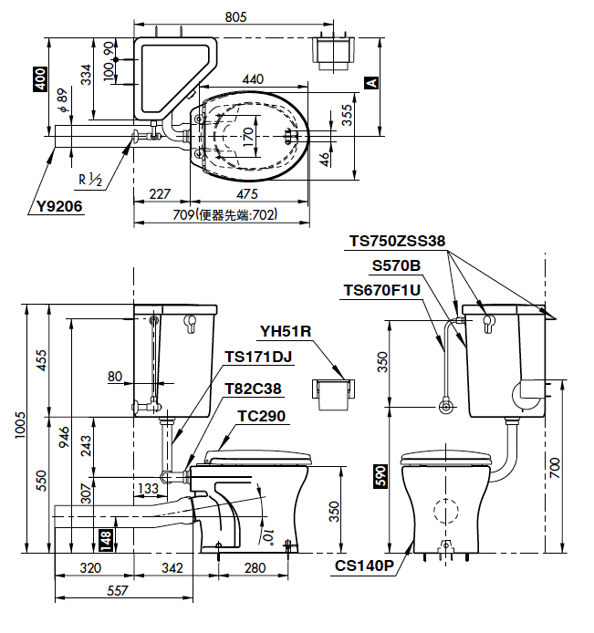 TOTO 隅付形便器_トイレ_図面